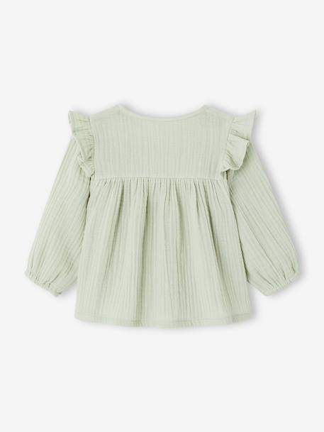 Blouse in Cotton Gauze with Ruffles, for Babies almond green+ecru+old rose 