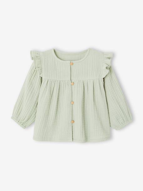 Blouse in Cotton Gauze with Ruffles, for Babies almond green+ecru+old rose 