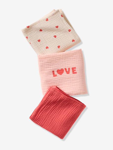 Pack of 3 Cotton Gauze Muslin Squares with Hearts printed pink 