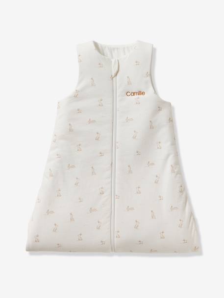 Sleeveless Sleeping Bag with Central Opening in Organic Cotton for Babies, LAPIN AOP printed white 