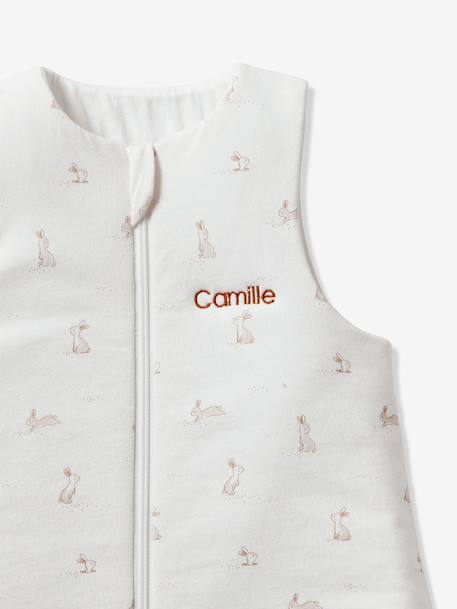 Sleeveless Sleeping Bag with Central Opening in Organic Cotton for Babies, LAPIN AOP printed white 