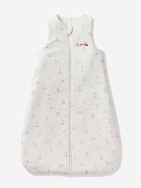 Sleeveless Sleeping Bag with Central Opening in Organic Cotton for Babies, LAPIN AOP printed white 