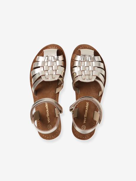 Leather Sandals with Hook-&-Loop Straps for Children ecru+gold 