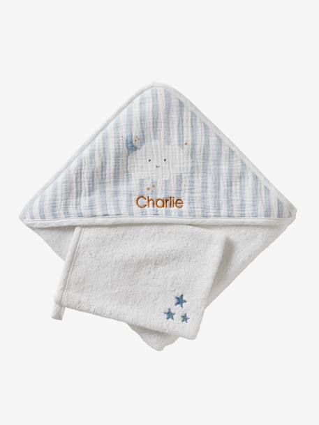 Customisable bath cape + wash mitt IN THE CLOUDS striped blue 
