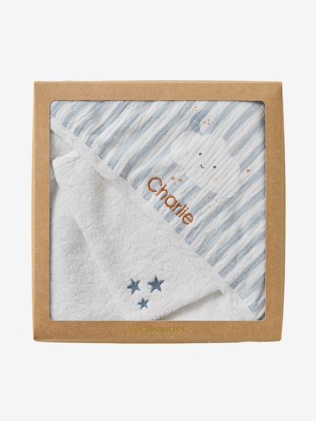 Customisable bath cape + wash mitt IN THE CLOUDS striped blue 