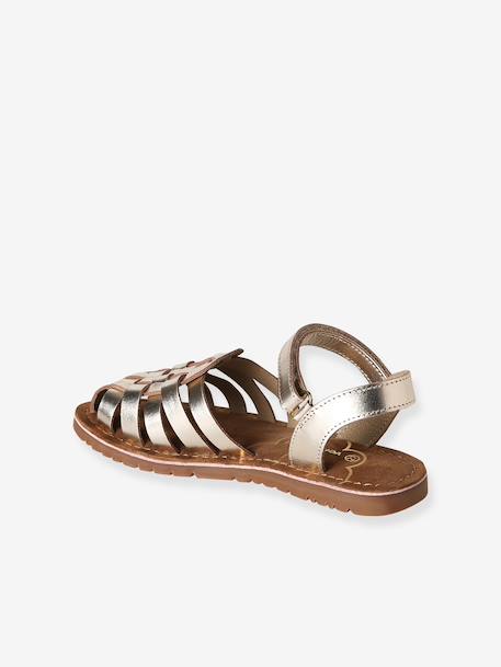 Hook-&-Loop Leather Sandals for Children, Designed for Autonomy ecru+gold 