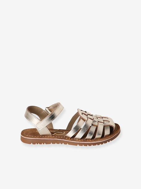 Hook-&-Loop Leather Sandals for Children, Designed for Autonomy ecru+gold 
