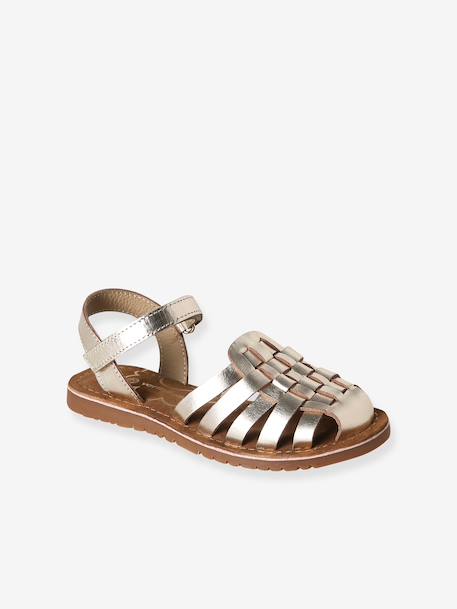 Hook-&-Loop Leather Sandals for Children, Designed for Autonomy ecru+gold 