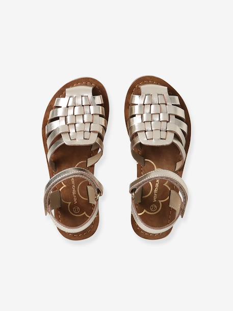 Hook-&-Loop Leather Sandals for Children, Designed for Autonomy ecru+gold 