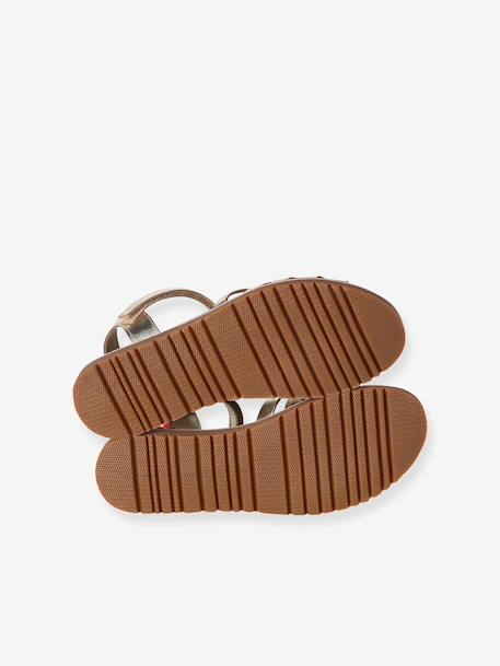 Leather Sandals with Hook-&-Loop Straps for Children ecru+gold 