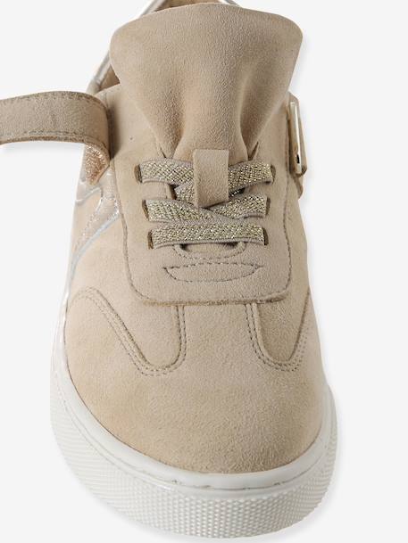 Girls' leather trainers with zip and laces brown 