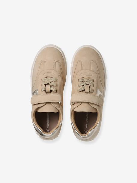 Girls' leather trainers with zip and laces brown 
