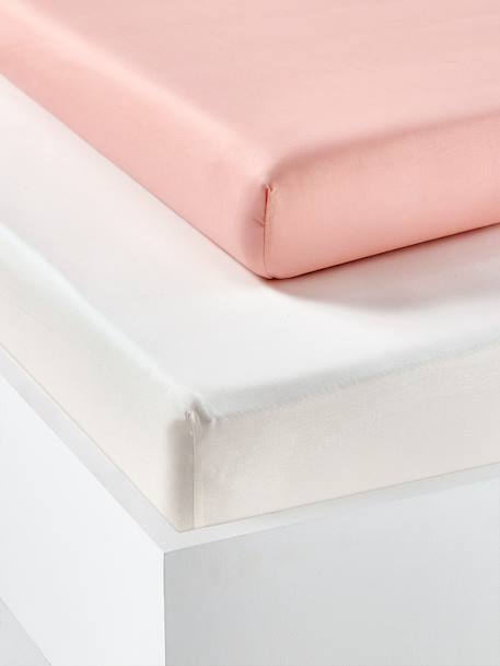 Pack of 2 Fitted Sheets in Recycled Cotton for Children ecru+pale pink+pearly grey+sage green 