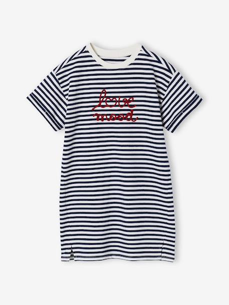 Girls' dress in lightweight fleece green+marl grey+sage green+striped blue 