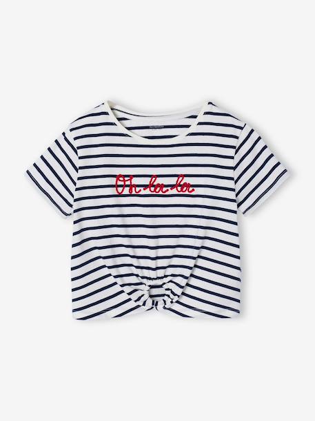 T-Shirt with Fancy Bow for Girls ecru+red+striped blue 