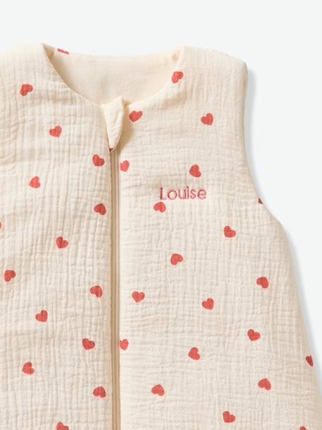 Sleeping Bag in Organic Cotton Muslin for Babies, HEART ecru 