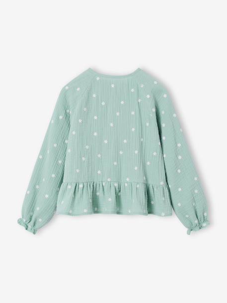 Girl's cotton gauze shirt aqua green+pale pink 