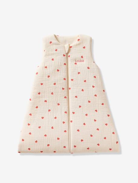 Sleeping Bag in Organic Cotton Muslin for Babies, HEART ecru 