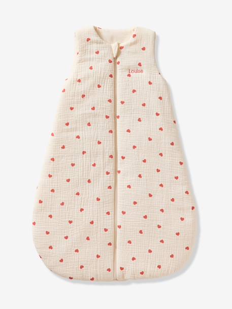 Sleeping Bag in Organic Cotton Muslin for Babies, HEART ecru 