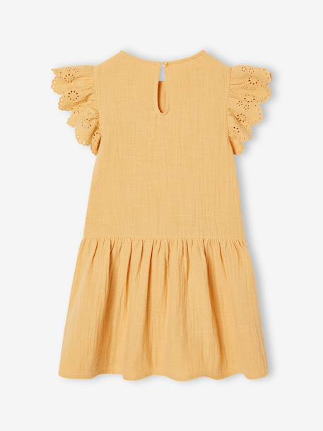 Girls' cotton gauze dress with short embroidered sleeves coral+yellow 