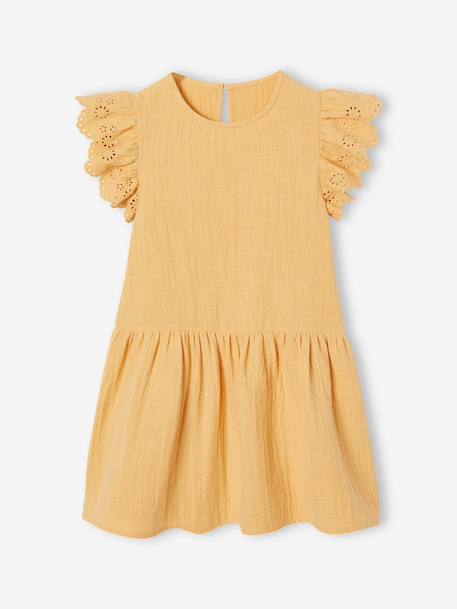 Girls' cotton gauze dress with short embroidered sleeves coral+yellow 