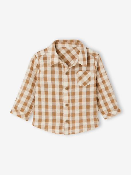 Baby boy's cotton muslin shirt chequered beige 