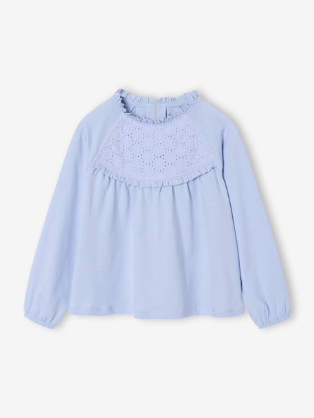 Top with Detail in Broderie Anglaise, for Girls ecru+GREEN DARK SOLID+mauve+navy blue+pale blue 