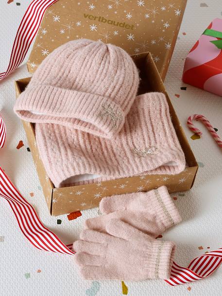 Girl's Christmas set: beanie + snood + mittens/gloves rosy 