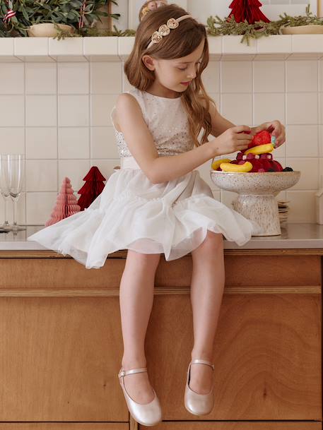 Girl's Christmas dress with sequins and tulle ecru 