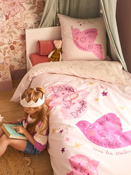 Reversible BIRDY duvet cover set + pillowcase for children, made with recycled cotton rosy 