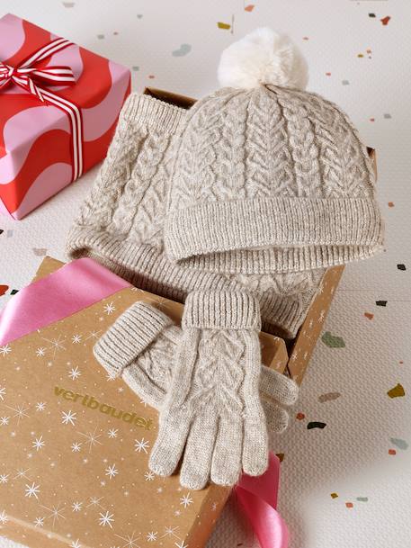 Christmas Cable Knit Set: Beanie + Snood + Mittens/Gloves for Girls marl beige 