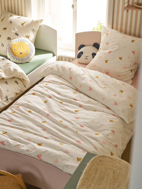 Duvet cover set + essential children's HIRONDELLES pillowcase, with recycled cotton printed white 