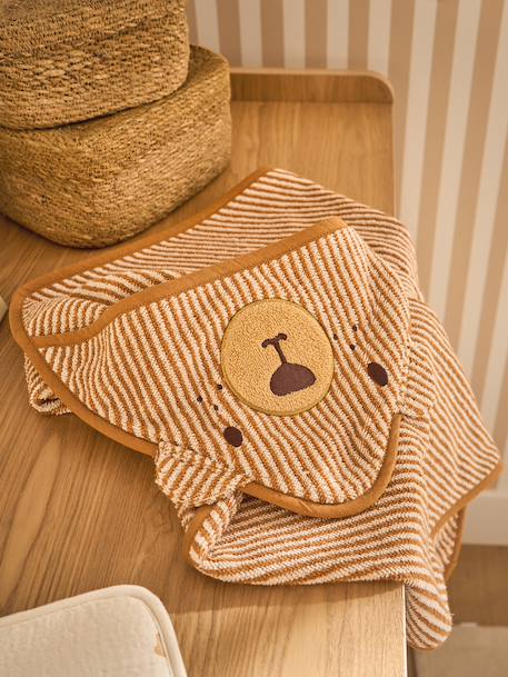 Bath cape + PETIT OURS wash mitt, with recycled cotton striped beige 