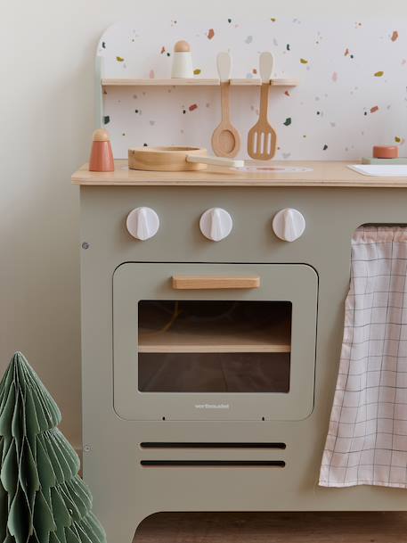 Wooden kitchen with FSC100® wooden accessories ecru+rose+sage green 