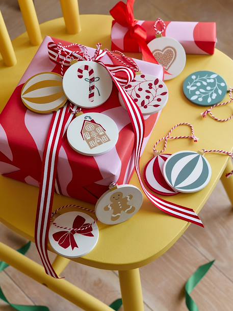 Pack of 10 Wooden Christmas Baubles, MOONY printed red 