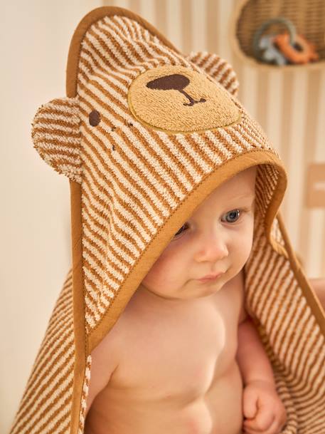 Bath cape + PETIT OURS wash mitt, with recycled cotton striped beige 