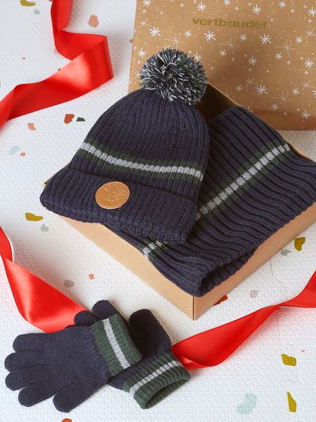 Christmas set: reindeer beanie + snood + mittens/gloves for boys navy blue 
