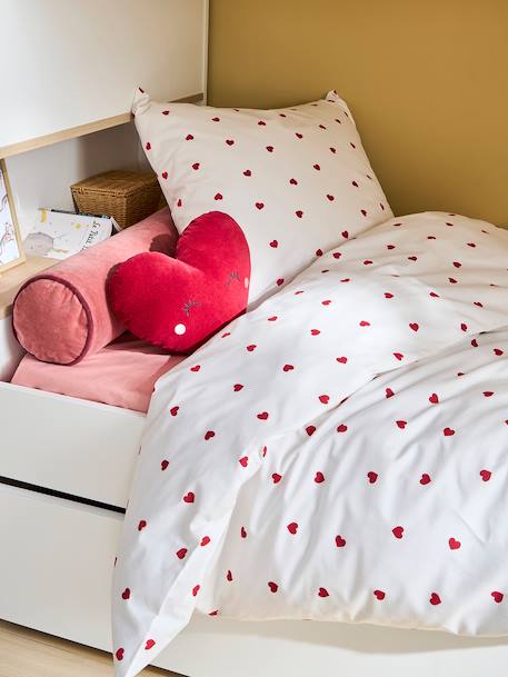 Duvet Cover Set + Pillowcase with Recycled Cotton for Children, HEARTS printed white 