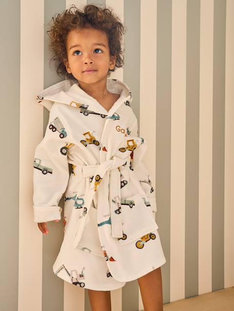 CONSTRUCTION bathrobe for children, with recycled cotton printed white 
