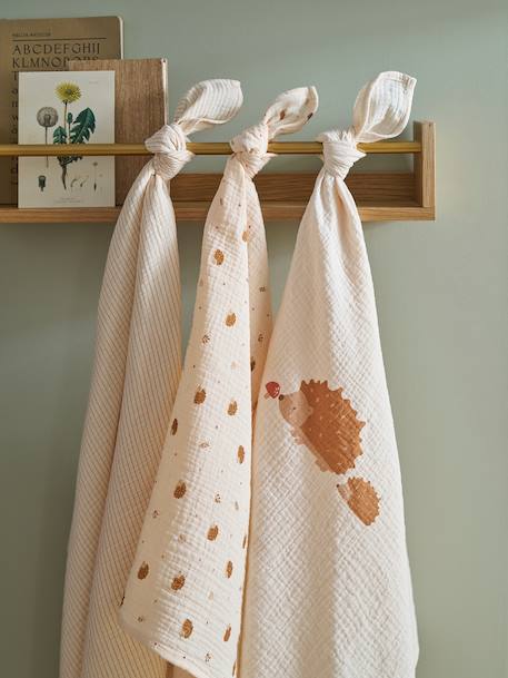 Set of 3 HEDGEHOG Cotton Gauze Muslin Squares printed beige 
