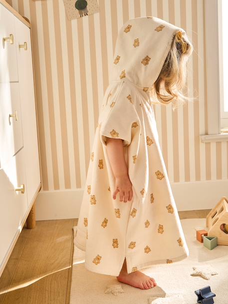 Customisable PETIT OURS baby bath poncho, with recycled cotton printed white 