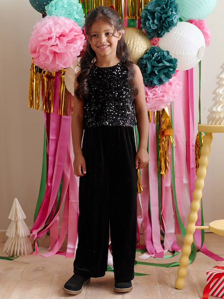 Velour Jumpsuit with Sequins for Girls black 