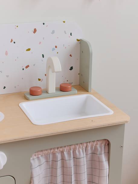 Wooden kitchen with FSC100® wooden accessories ecru+rose+sage green 