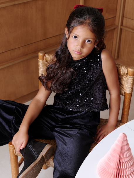 Velour Jumpsuit with Sequins for Girls black 