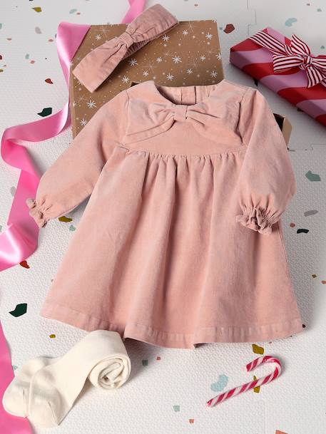 Baby girl dress, band for head accessories for hair, tights and Christmas gift box set rosy 