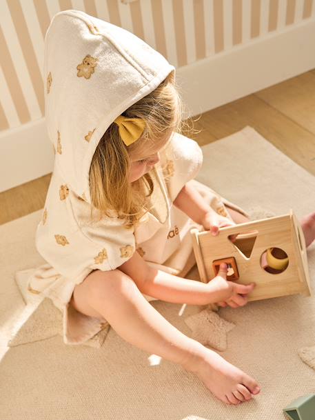 Customisable PETIT OURS baby bath poncho, with recycled cotton printed white 