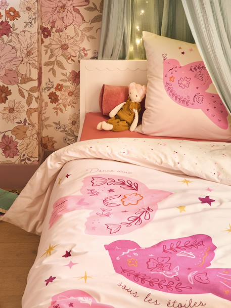 Reversible BIRDY duvet cover set + pillowcase for children, made with recycled cotton rosy 