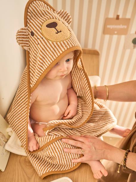 Bath cape + PETIT OURS wash mitt, with recycled cotton striped beige 