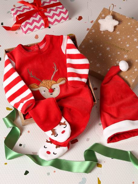 Christmas Gift Set for Babies: Velour Sleepsuit + Beanie Dark Red 