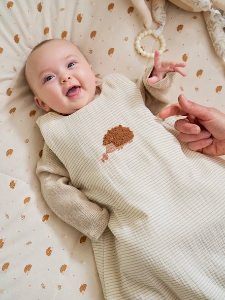 Sleeveless Baby Sleeping Bag in Cotton Gauze, HEDGEHOG striped beige 